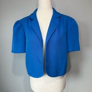 Vintage 80s Cobalt Blue Cropped Blazer Puff Sleeve Bolero Jacket